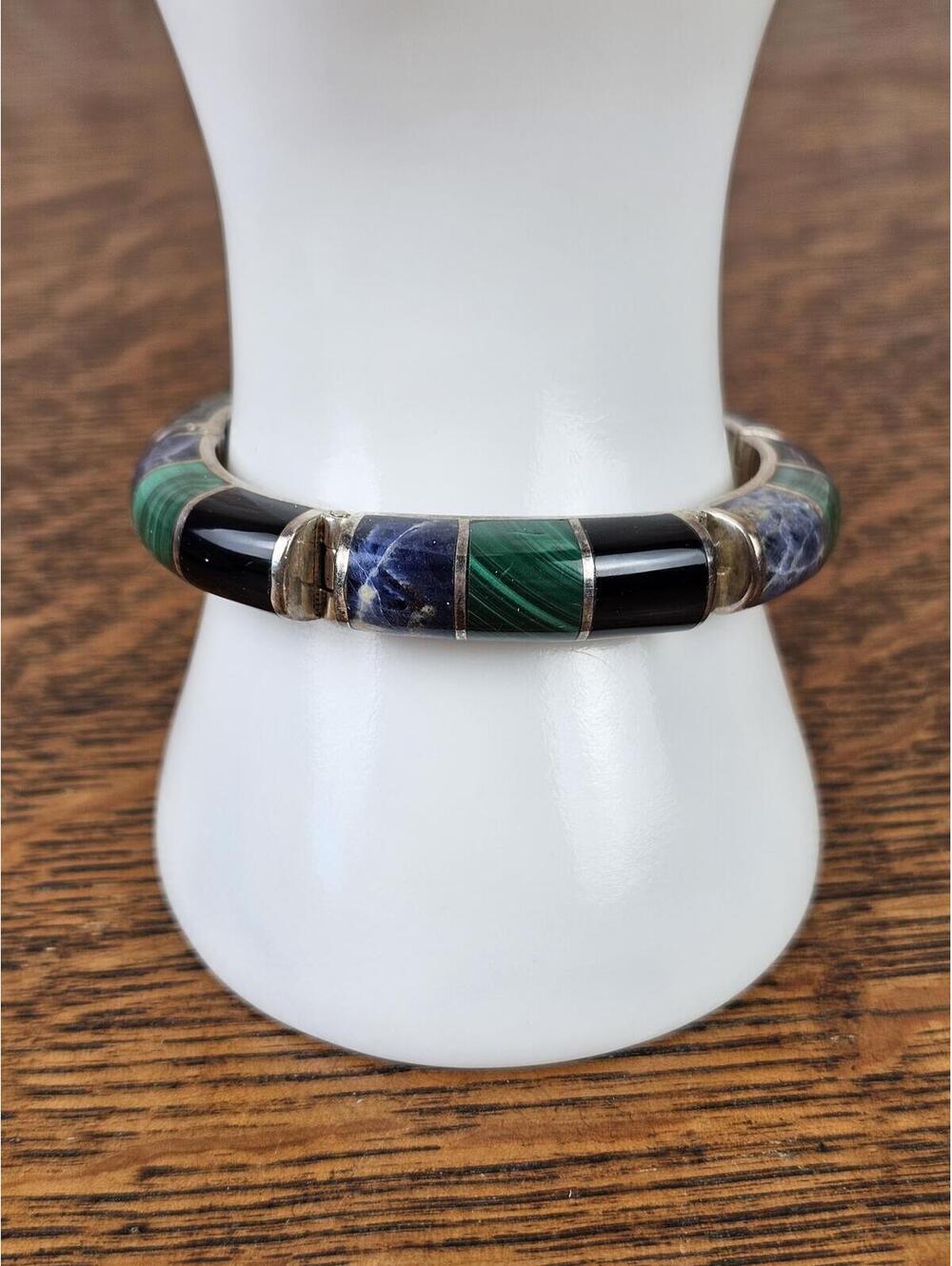 Vintage Taxco Mexico 950 Silver Malachite Sodalite Onyx Inlay Bracelet 70g 7" - Picture 5 of 11
